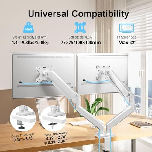 ErgoFocus Dual Monitor Mount Fits 13 to 32 Inch Computer Screen, Dual Monitor Arm Hold 4.4-19.8lbs Each, Full Motion Monitor Desk Mounts for 2 Monitors, Gas Spring Monitor Stand, VESA Mount, White 6