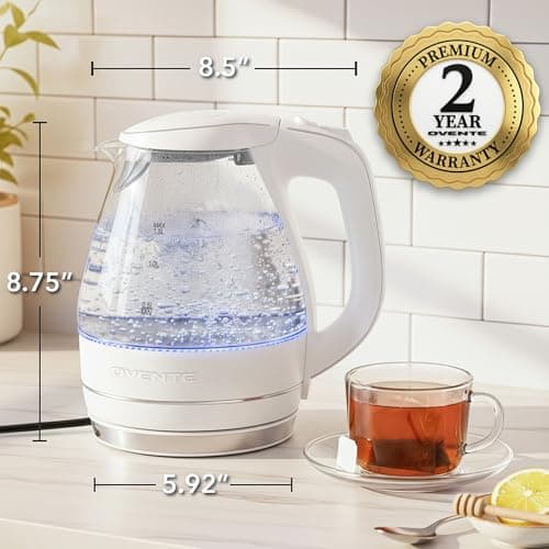 OVENTE Electric Kettle, 1.5L Borosilicate Glass Countertop Water Heater and Boiler for Coffee or Tea, BPA-Free, Auto Shut-Off, Boil-Dry Protection, Removable and Washable Spout Filter, White KG83W 7