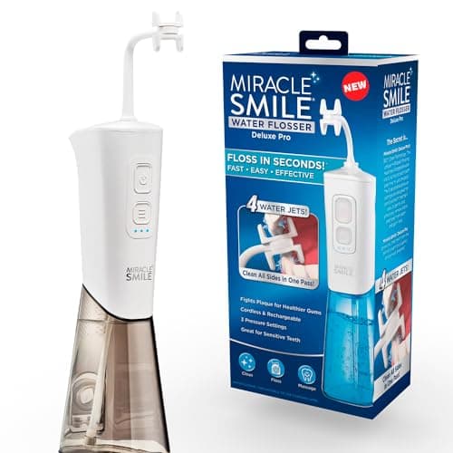 Ontel Miracle Smile Water Flosser for Teeth&Gum Health, Unique H-Shaped Flossing Head&4 Water Jets, Cordless Water Flosser Features 360° Cleaning&3 Pressure Modes, USB Rechargeable Dental Floss, White 9