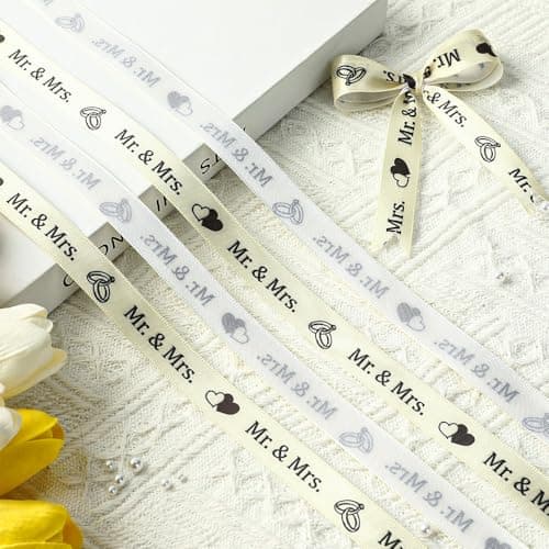 10 Yard 5/8 Inch Wedding Ribbon Mr. & Mrs. Printed Fabric Satin Thin Ribbon for Engagement Gift Wrapping Crafts Wedding Invitations Reception Table Decor Accessorie Hair Bow Flower Bouquet Party Favor 5