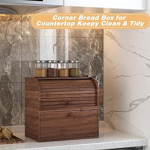 TQVAI Bamboo Bread Box for Kitchen Counter Dobule Layer Roll Top Bread Storage Container with Silverware Basket - Can Use as 2 Individual Bread Bin - Assembly Required, Retro Brown 6