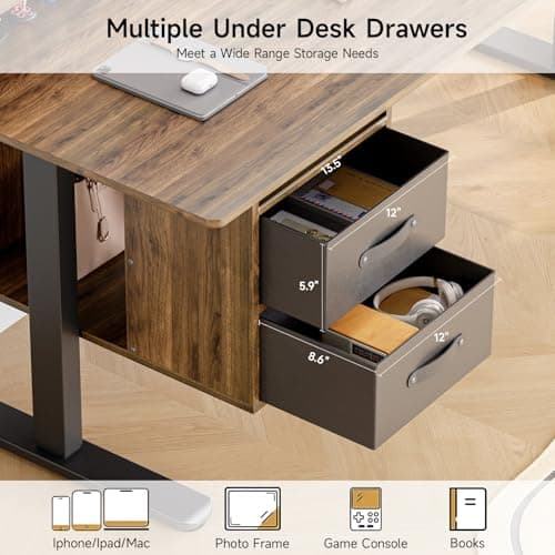 ONBRILL Standing Desk with Drawers, 63x24 Inch Electric Stand Up Desk with 3 Drawers and Open Storage Shelf, Adjustable Height 28-46 Inches for Home and Computer Workstation, Walnut 6