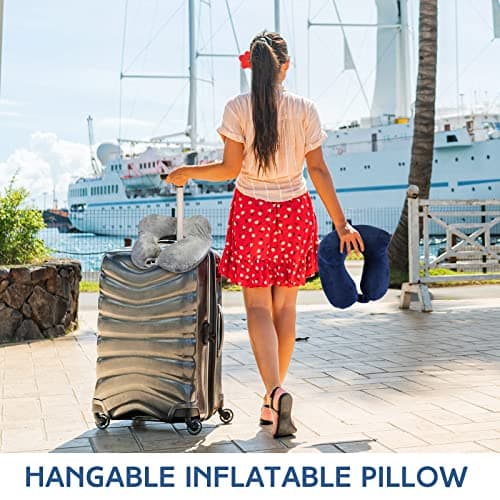 Sintuff 2 Pack Inflatable Travel Pillow for Airplanes Inflatable Neck Flight Pillows with Compact Bag and Blindfold for Traveling, Airplane, Train, Car, Office (Light Gray and Dark Blue) 5