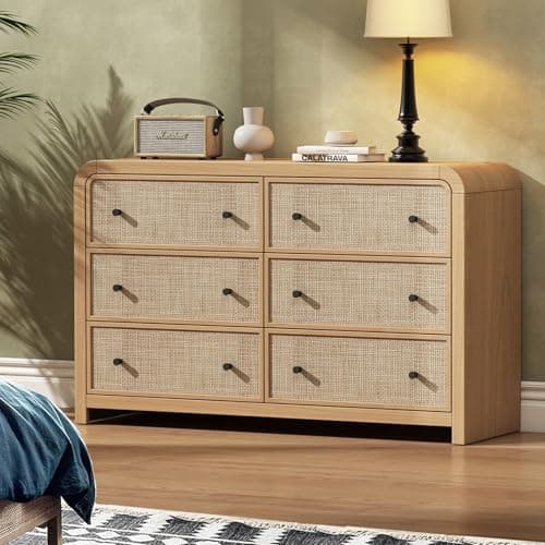 Oak&Sparrow 6 Drawer Dresser for Bedroom, 49'' Rattan Dresser with Ample Storage, Boho Chest of Drawers, Thickened Curved Profile Design, Oak Dressers for Bedroom, Living Room