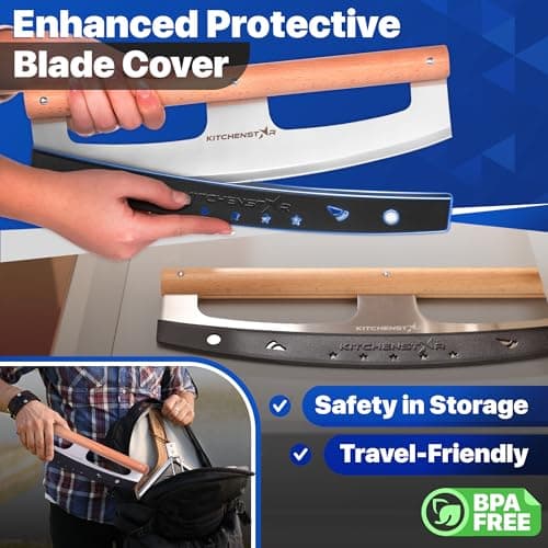 KitchenStar 16-Inch Pizza Cutter Rocker Blade - Razor Sharp Stainless Steel Slicer Knife, Stylish Beech Wood Handle, Protective Cover - Professional Pizza Oven Accessories, Silver 5