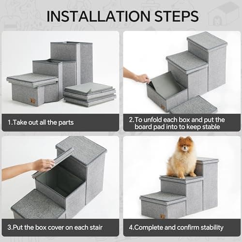 BEDELITE Dog Stairs for Small Medium or Large Dogs, 3 Tiers Dog Steps for High Bed and Couch 17" H, Foldable Pet Stairs with Detachable Mats & Storage, Grey 6
