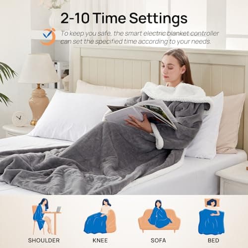 Westinghouse Electric Snuggle Throw Blankets with Foot Pocket, Wearable Heated Blanket with Sleeves, 6 Heating Levels & 2 to 10 Hours Heating Time Settings, 50 * 70"+18", Light Grey 5