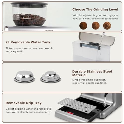 Ultima Cosa Espresso Machine With Grinder,With Milk Frother Steam Wand, Barista Latte Machine With Removable Water Tank for Cappuccinos or Macchiatos 6