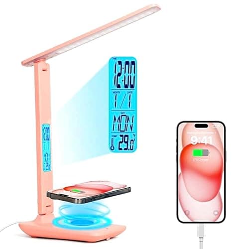wanjiaone Multifunctional LED Desk Lamp with Wireless Charger,USB Charging Port,Clock,Phone Holder,Desk Lamps for Home Office,Eye-Caring Reading Lamp,Study Lamp for Boys,Girls,Teens,Pink