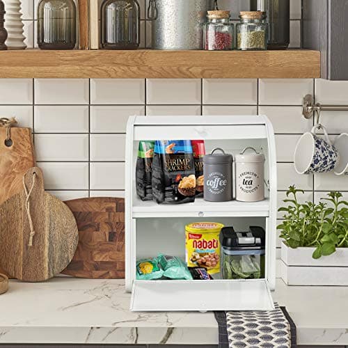 Widousy 2 Layer Metal Bread Boxes, Bread Box Storage Bin Kitchen Container with Roll Top Lid Iron Countertop Containers Metal Food Storage Bread Keeper Large Capacity Home Kitchen Counter, White 8