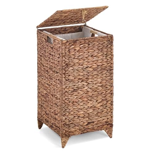 Large Laundry Hamper with Lid and 2 Removable Liner Bags, Natural Handwove Seagrass Clothes Hamper,Wicker Laundry Basket, Foldable, Heightened Feet,Rattan Clothes Laundry Basket (S-BN)