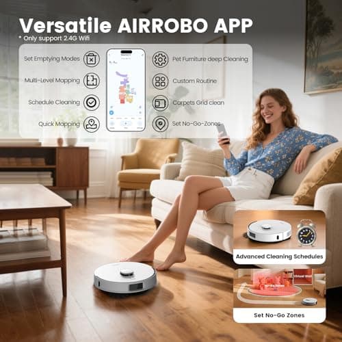 AIRROBO T30+ Robot Vacuum and Mop, 60-Day Self-Emptying, Proactive Intelligence Obstacle Avoidance, Carpet Detection, Tangle-Free Brush, 6000PA Suction, LDS Mapping, APP ＆ Voice Control 8