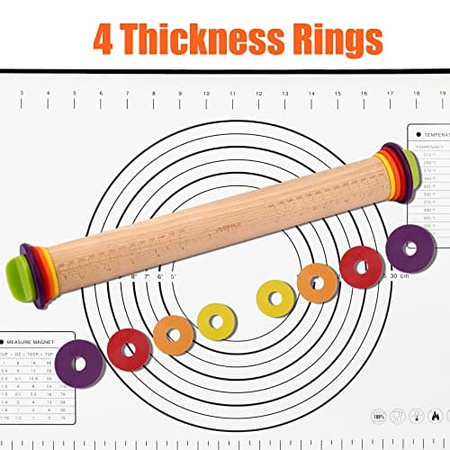 Mepple Rolling Pin with Thickness Rings for Baking,Fondant, Pizza, Pie Crust, Cookie, Pastry, Roller Rod for Dough Thickness, 13.6" Adjustable Wooden Rolling Pin with 4 Thickness Rings 9