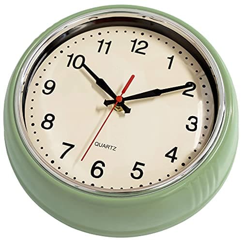 Foxtop Retro Wall Clock 9.5 Inch Green Kitchen 50's Vintage Design Round Silent Non Ticking Decorative Battery Operated Quartz Metal Clock for Classroom Office Home 7