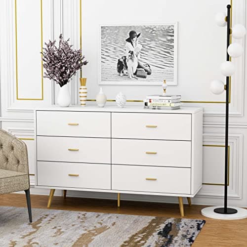 JOZZBY White Dresser, 6 Drawer Dresser for Bedroom with Wide Drawers and Metal Handles, Modern Wood Storage Chest of Drawers for Living Room Hallway Entryway
