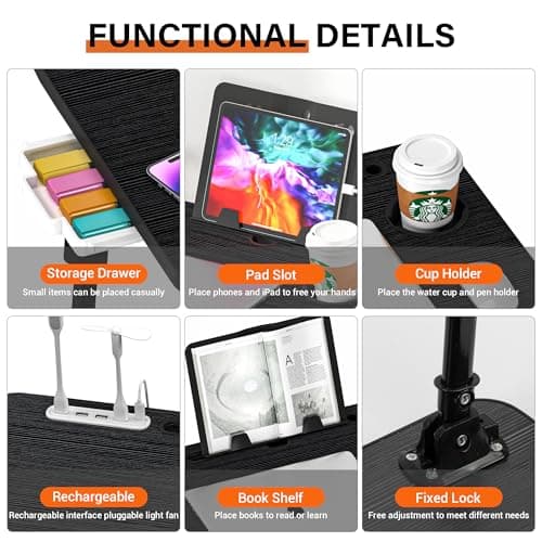 DECOSIS Laptop Desk for Bed Height Adjustable, Lap Bed Table with USB/Storage Drawer/Cup Holder/Tablet Stand/Book Shelf, Foldable Breakfast Tray Portable for Reading Writing, Sofa & Floor, Black 5