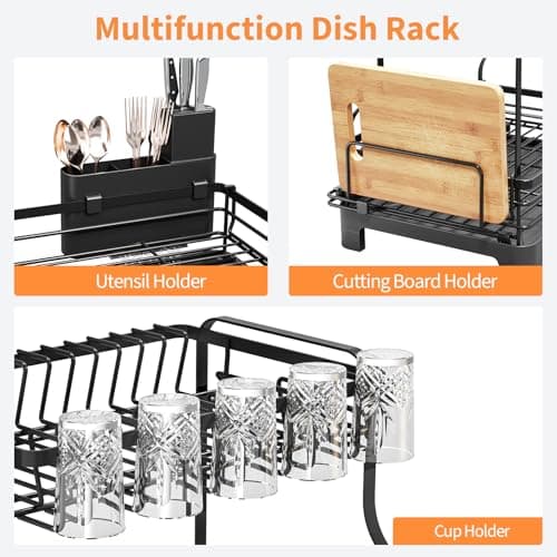 Urackify Extendable Dish Drying Rack, Multifunction Dish Rack for Kitchen Counter, Expandable Dish Drainer Over Sink, Large Dish Strainer with Cups Holder, 2 Tier Matte Black 7
