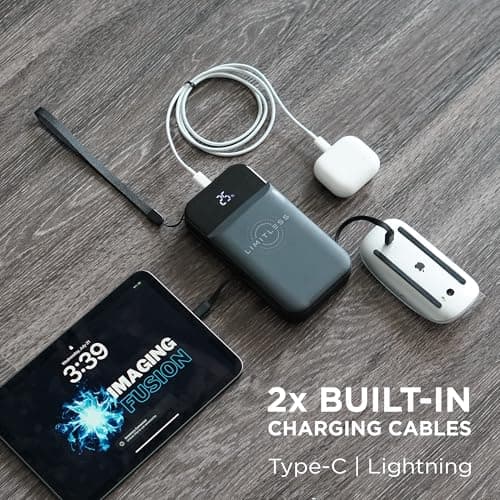Limitless Innovations Ultimate Pro 15,000mAh Portable Power Bank PD 20W with Built-in Cables, Wireless Charging, Flashlight, Wall Plug, & Digital Display, for iPhone, Samsung, & More (Black Metallic) 8