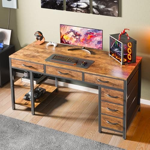 Huuger Computer Desk with 6 Drawers, Office Desk with Shelves, Reversible Gaming Desk, Corner Desk with Storage, Work for Home Office, Study, Living Room, 47inch, Rustic Brown 7