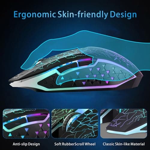 TENMOS M2 Wireless Gaming Mouse, Silent Rechargeable Optical USB Computer Mice Wireless with 7 Color LED Light, Ergonomic Design, 3 Adjustable DPI Compatible with Laptop/PC/Notebook, 6 Buttons (Black) 5