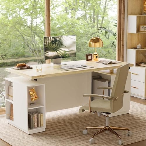 ModernMate 70" Standing Executive Desk with Privacy Panel, Large One-Piece Electric Height Adjustable Stand Up Desk with Charging Station, File Cabinet Storage, Home and Office, Light Wood