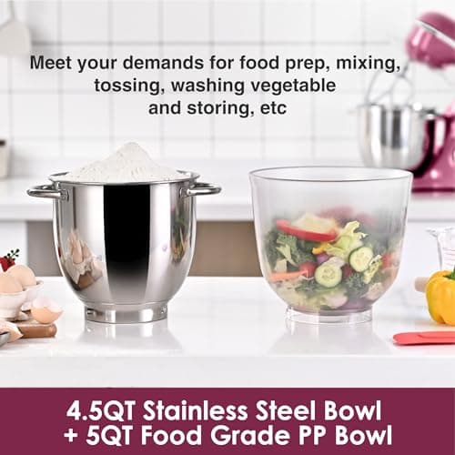 Kitchen in the box Small Stand Mixer, Two bowls Electric Kitchen Mixer (Purplish Red, 5QT) 5