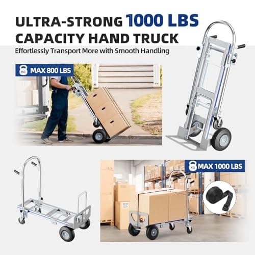 Hand Trucks Heavy Duty Aluminum Dolly Cart, 3 in 1 Design 1000 Lbs Capacity with Solid Wheels - Foldable, Portable, Ergonomic Handle, Perfect for Construction, Warehouses, Factories, Indoor & Outdoor 3