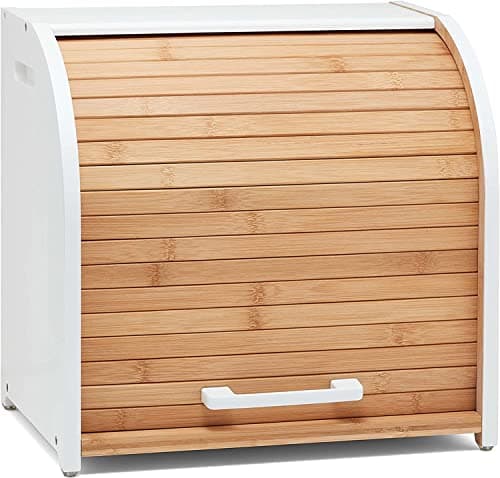 HOMEFULLY Bamboo Double Layer Bread Box for Kitchen Countertop, Roll Top Bread Box Wood, Extra Large for Kitchen Storage, Modern Bread Bin Wooden (White)