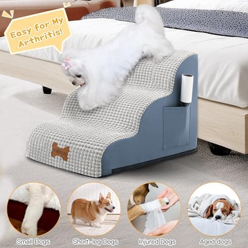 Dog Stairs for Small Dogs, Curved Pet Step with Leakproof Cover, High Density Foam Cat Ramp for Bed or Sofa, 3 Steps Grey 5