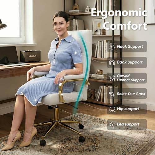 Genpo White and Gold Office Desk Chair Memory Foam, High Back Leather Executive Office Chair with Wheels and Arms for Women Girls Teens Adults 4