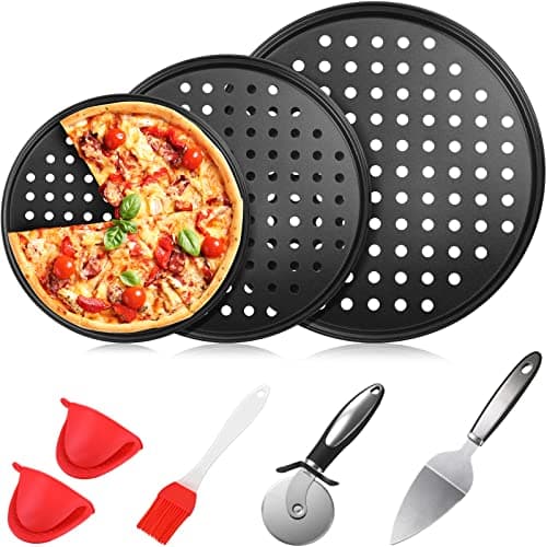 Mimorou 8 Pieces Pizza Pan with Holes 9 Inch,10 Inch, 12 Inch Tray for Oven Includes Making Kit Wheel Cutter Slicer Spatula Shovel Brush Silicone Cooking Pinch Mitts Family Party Favors