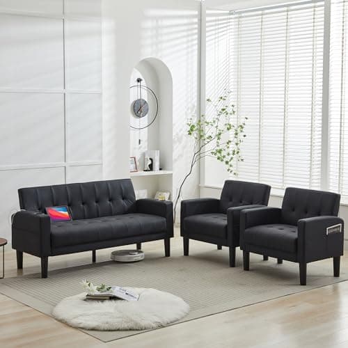 TYBOATLE Sofa Couch 62" W Loveseat w/ 2 USB Charger Ports & 2 Cupholders, Mid-Century Modern Tufted Small Love Seat Couches for Office, Living Room,Bedroom,Apartment,Dorm (3, Black)