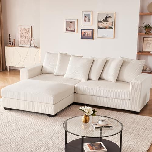 Mangodan 101.6" Deep Seat Modular Sectional Sofa, Comfy Corduroy Sectional Couches for Living Room, L-Shaped Upholstered Cloud Couch with Chaise, Widened Armrests for 4 People, Beige