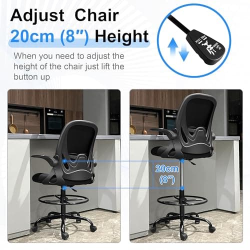 Primy Drafting Chair Tall Office Chair with Flip-up Armrests Executive Ergonomic Computer Standing Desk Chair with Lumbar Support and Adjustable Footrest Ring (Black) 8