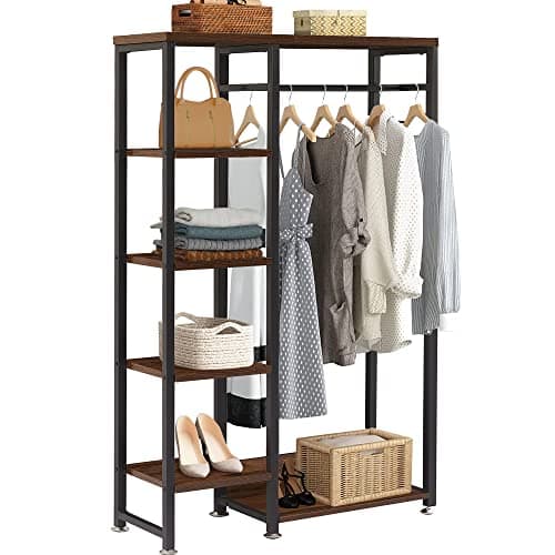 VECELO Open Garment Clothing Rack, Free-Standing Heavy Duty Storage Closet with 5 Shelves and Hanging Rod for Small Spaces, Max Load 350LBS, Brown