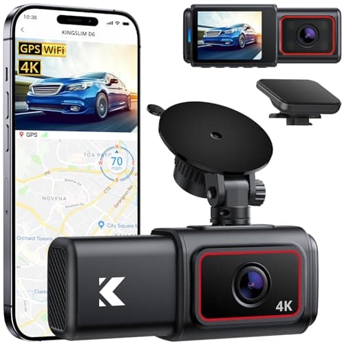 Kingslim D6-4K Dual Dash Cam - WiFi & GPS 4K Front and 1080P Inside Type-C Uber Car Camera with Super Night Vision and 24-Hour Parking Monitor, 3 Channel Dash Cam Optional, Black