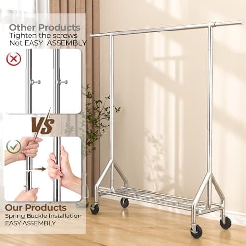 HYSEYY Heavy Duty Clothes Rack Load 450 LBS, Metal Garment Rack, Standing Rolling Clothing Rack for Hanging Clothes with Sturdy Wheels & Shelves, Portable Closet Wardrobe Rack,Sliver 6