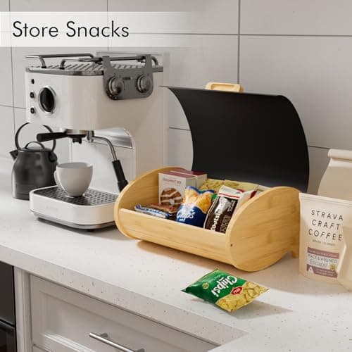 Modern Bread Box for Kitchen Countertop, Bamboo Storage Container with Stainless Steel Lid, Bread Storage Bin for Homemade Bread, Counter Organizer for Snack Tea Coffee Sugar (Black Large) 5