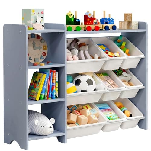 MallBest 4-Tier Kids' Toy Storage Organizer Shelf - 100% Solid Wood,Children's Storage Cabinet with 9 Plastic Bins and 3 Storage Ports(Grey-Single Color)