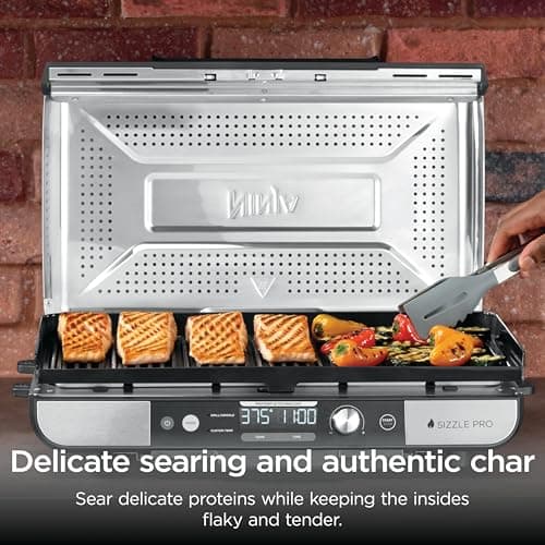 Ninja Sizzle Pro XL 20-Inch Indoor Griddle + Grill, Detachable Ventilated Lid, Grease Control, Ceramic Nonstick Plates, Even Edge Cooking, Extra Large Capacity, Versatile, Silver, GX101 7