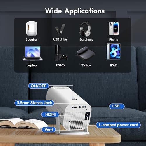 Mini Smart Projector LUXVYN V1 Portable Projector with WiFi and Bluetooth 200 ANSI 4K Support HD Resolution, Auto Keystone Correction Video Projector, 180° Rotatable Stand for Home Movie Pure white 9
