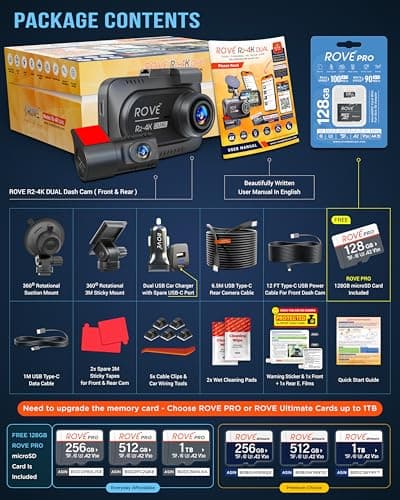 ROVE R2-4K DUAL Dash Cam Front and Rear, STARVIS 2 Sensor, FREE 128GB Card Included, 5G WiFi - up to 20MB/s Fastest Download Speed with App, 4K 2160P/FHD Dash Camera for Cars, 3" IPS, 24H Parking Mode 6