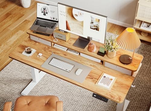 BANTI 48x24 Inch Electric Standing Desk with Dual Drawers, Height Adjustable Stand Up Table, Sit Stand Home Office Desk with Storage Shelf, White Frame/Light Rustic Brown Top 9