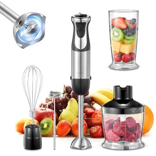 5-in-1 Hand Immersion Blender, 1000W Handheld, Copper Motor Stainless Steel Blade Stick, Mixing Beaker, Food Processor, Whisk, Milk Frother for Smoothies Puree Baby Food (Black)