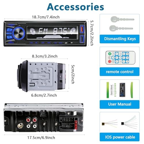 Car Radio Bluetooth Single DIN Car Stereo Audio,Car Audio with Push to Talk Button for Handsfree Calling,Supports FM/ MP3/EQ/SD/AUX,Dual USB,iOS & Android App Control,7 LED Colors | Not CD Player 9