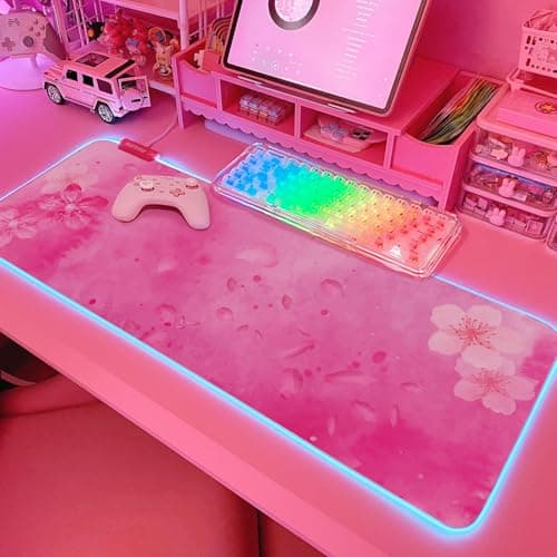 JMIYAV RGB Cherry Blossom Gaming Mouse Pad Pink 31.5x12 Inch PC XL Large Extended Glowing Led Light Up Desk Pad Non-Slip Rubber Base Computer Keyboard and Mouse Pad Cute Mousepad