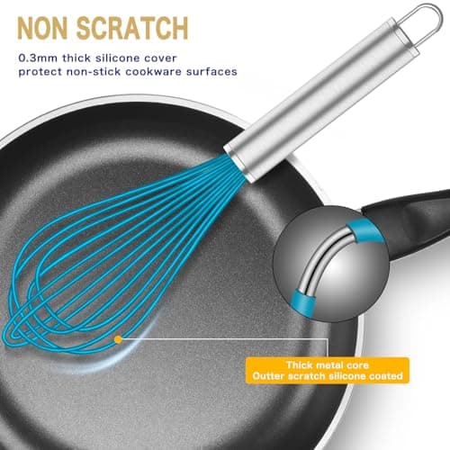 OYV Silicone Whisk,Heat Resistant 480°F Whisks For Cooking Non Scratch,Stainless Steel wired wisk,Plastic Rubber Whisk Tool For Nonstick Cookware Pans,Silicon Wisks Set of 4,Blue 8