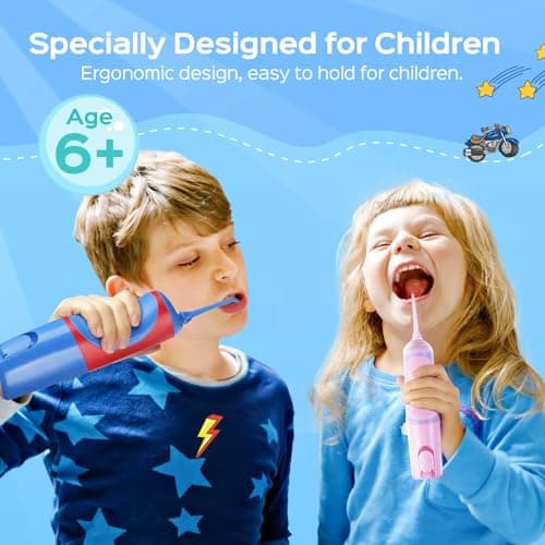 COSLUS C31 Kids Water Dental Flosser Deep Cleaning Picks Portable 4 Modes for Ages 6+ Safe Waterproof Rechargeable with 2 Jet Tips for Gums Care Red Blue 6