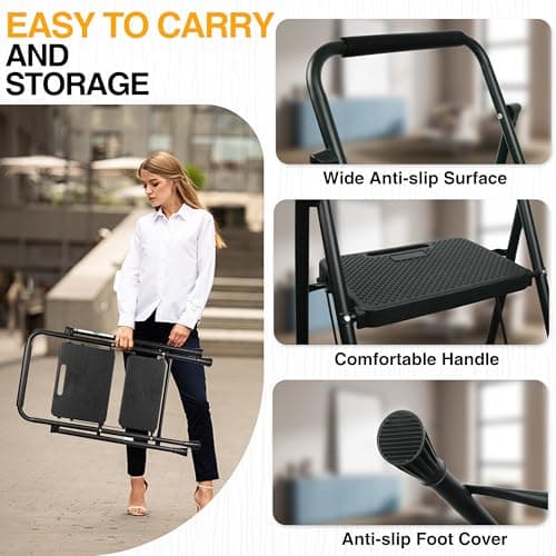 Step Ladder, Portable Steel Folding Step Stool with Wide Anti-Slip Pedal & Convenient Handgrip, 500lbs Sturdy Steel Ladder, 2-Step, Black 6