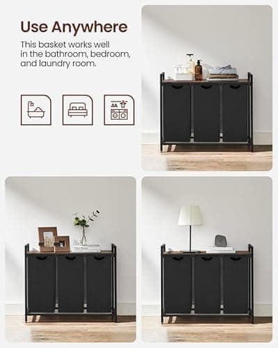 VASAGLE Laundry Hamper, Laundry Basket, Laundry Sorter with 3 Pull-Out and Removable Bags, Shelf, Metal Frame, 3 x 10.6 Gallons (40 L), 36.4 x 13 x 28.4 Inches, Ink Black and Rustic Brown UBLH301B01 9